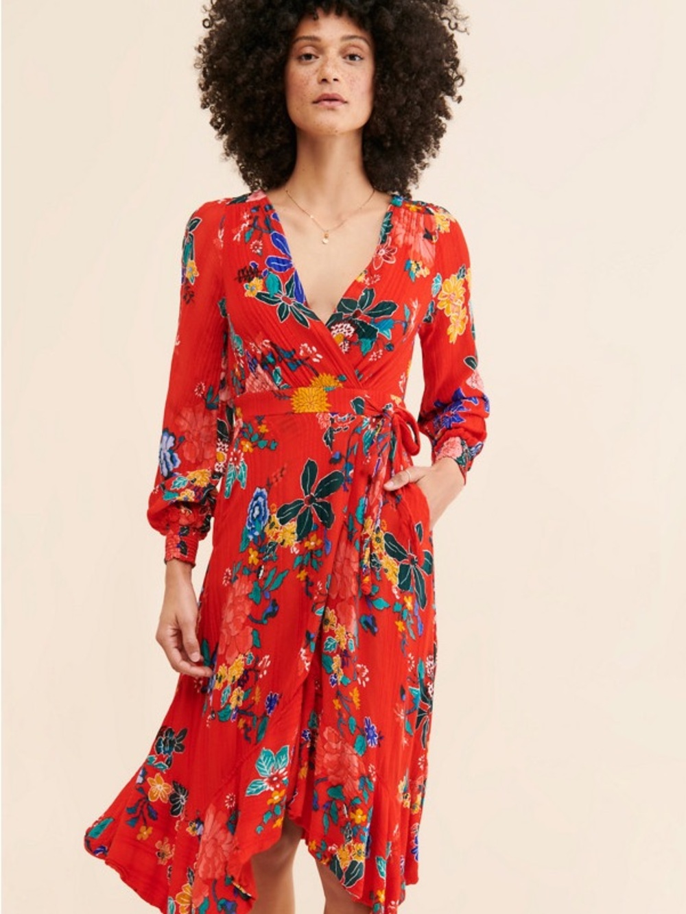 Anthropologie Red Floral Long-Sleeve Wrap Dress